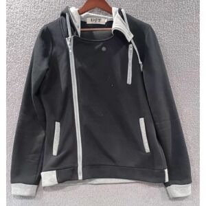 DJT Women's Asymmetrical Zip Moto Hoodie Black Gray Trim Size XL_fits‎ M-S